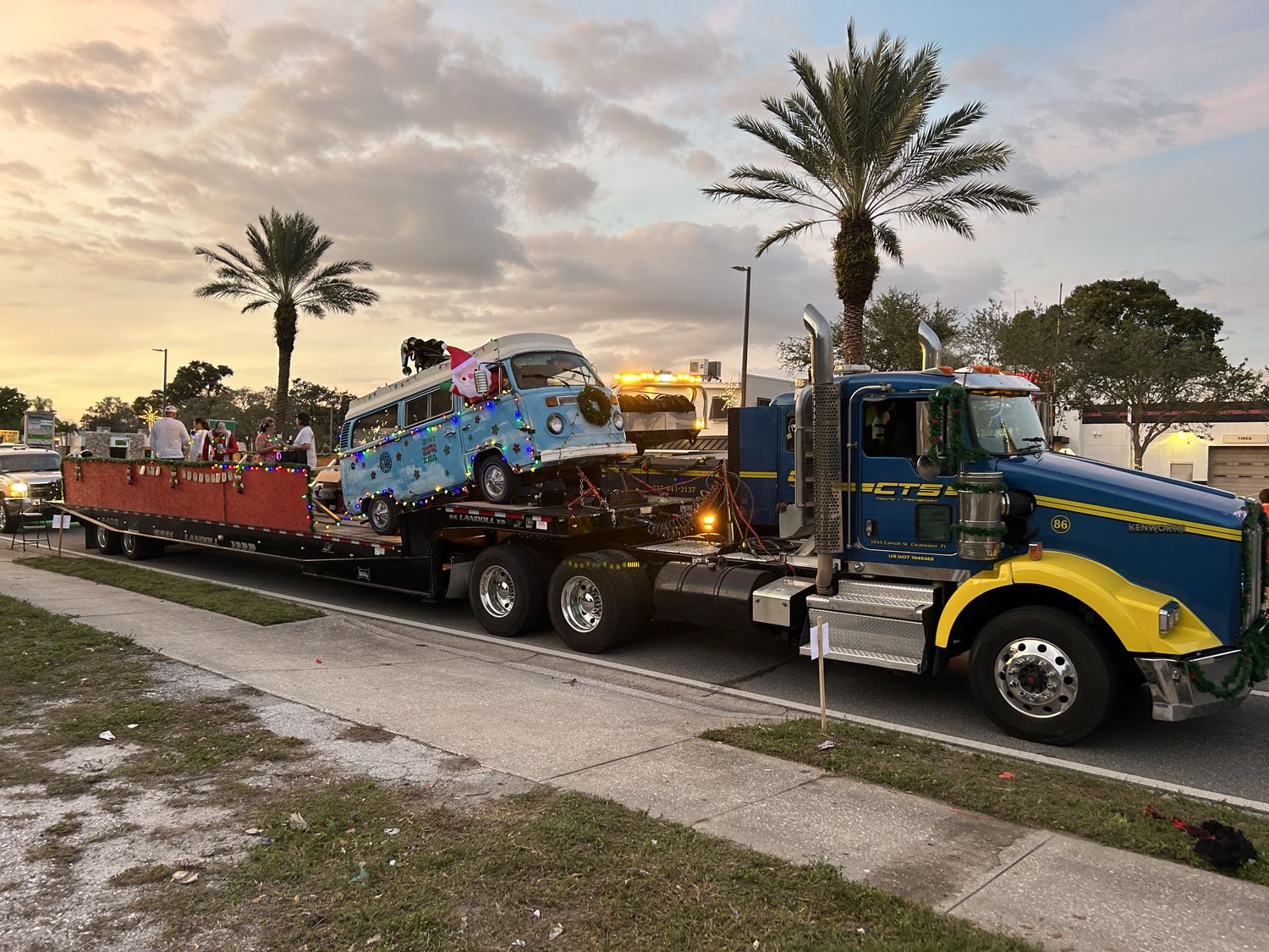 CTS Landoll transporting a parade float at sunset